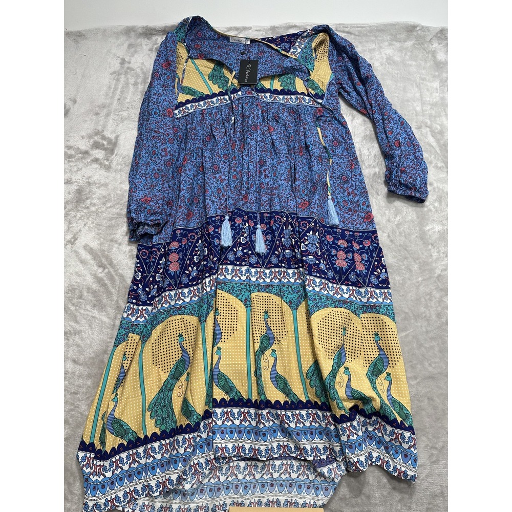 R. Vivimos Womens Midi Dress Size Medium Blue Yellow Floral BOHO Peasant NWT